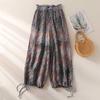 Vintage Floral Print Thin Ramie Pants Women Summer Elastic Waist Ankle Length Trousers Loose Wide Legs Pants