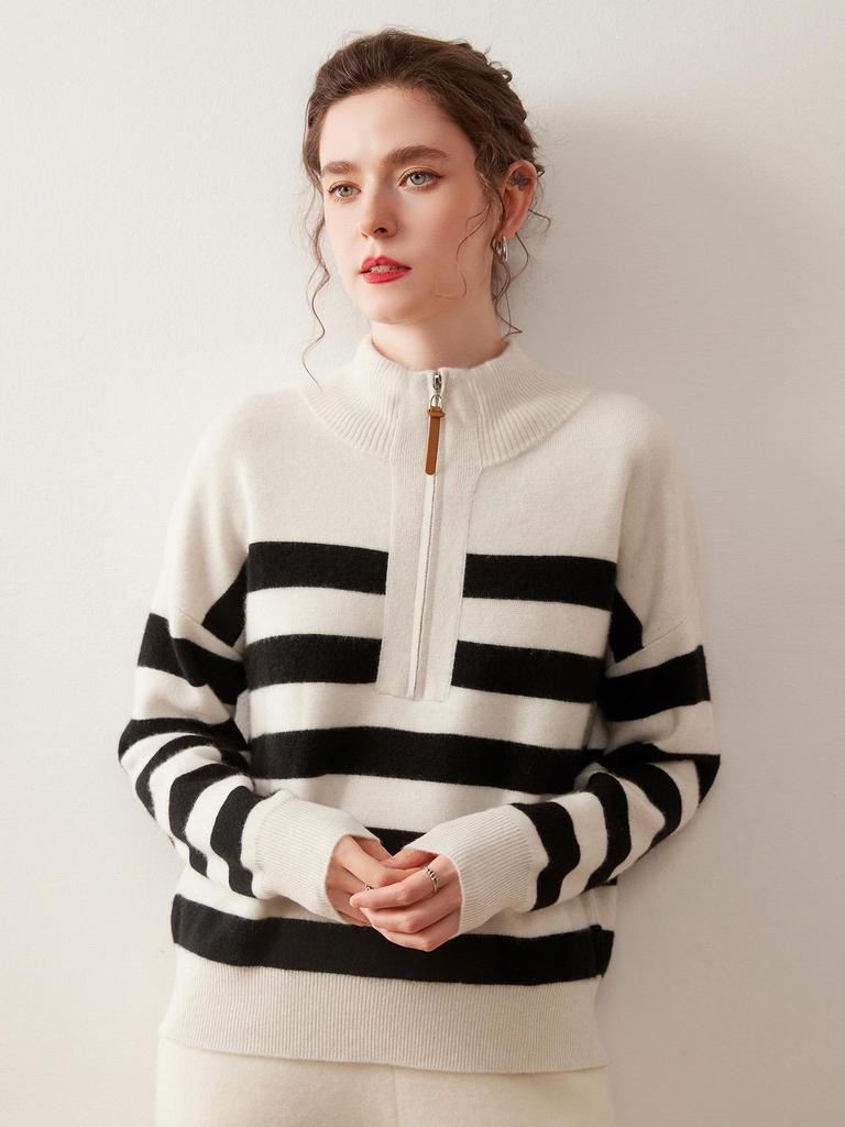 Women's Striped High-Neck Cashmere Half-Zip Sweater