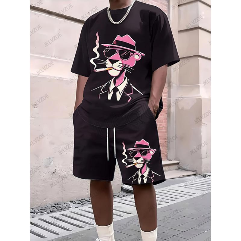 

2025 Новый мужской спортивный костюм, комплект из 2 предметов, футболка с коротким рукавом Pink Panther, повседневный костюм, спортивная одежда, шорты, мужская одежда 6XL
