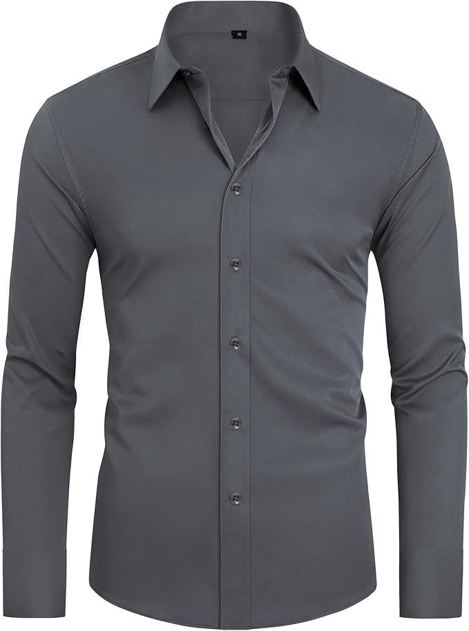 Men's Long Sleeve Solid Color Shirt, 4-Way Stretch, Natural Color Button, Slim Fit, Wrinkle Free, Business Casual Dress Shirt