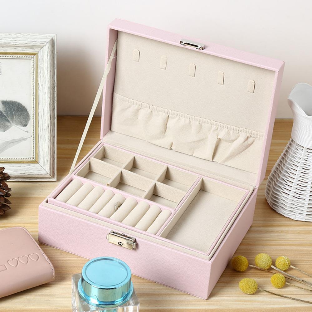 

Двухслойная шкатулка для украшений, кольцо, серьга, ожерелье, шкатулка для хранения украшений, большая вместимость для хранения pink