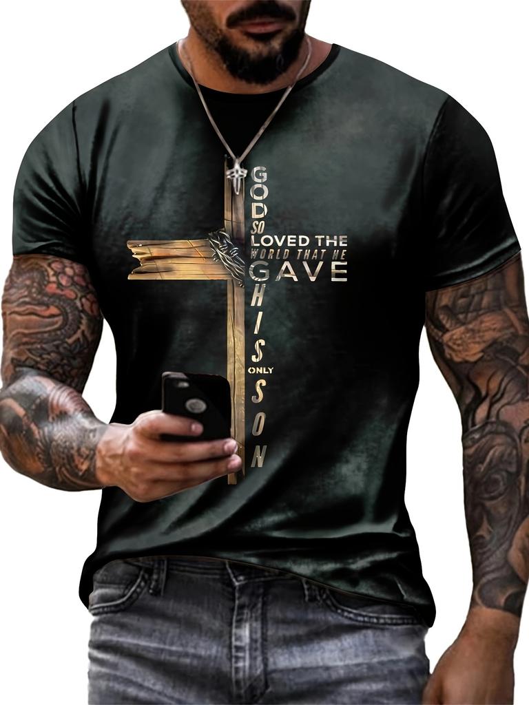 Cross Print Men's Graphic Design Crew Neck T-shirt Casual Tshirts for Summer Men's Clothing Tops for Daily Gym Workout Running