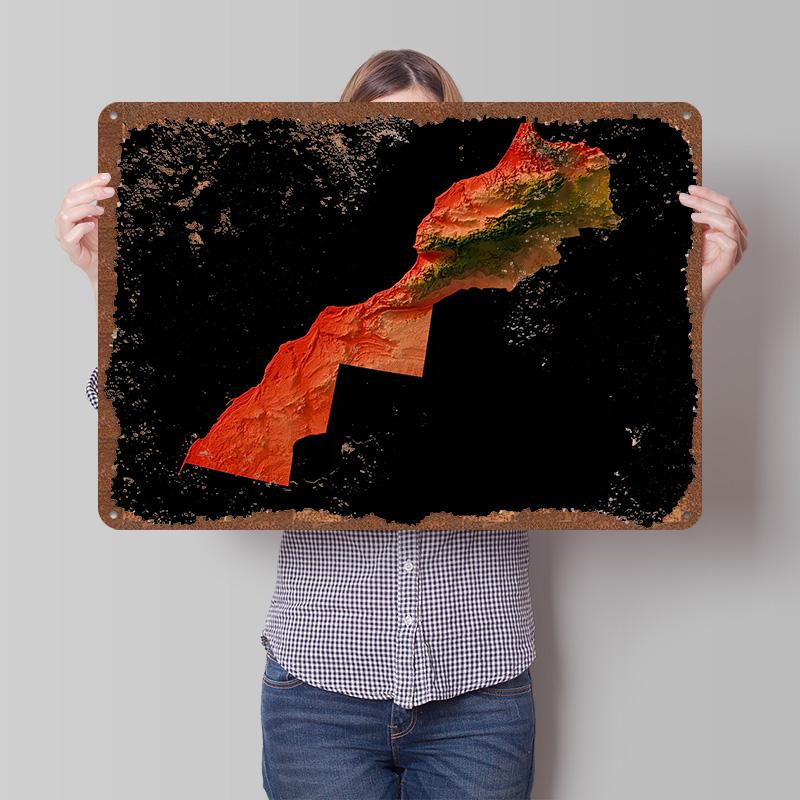 Morocco Topographic Map Metal Poster Customized Wall Art Retro Vintage Tinplate Signs for Man Cave Modern Home Decoration Decor