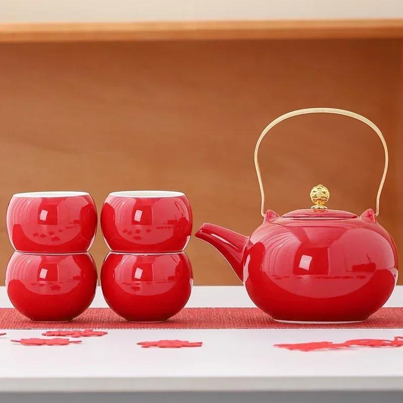 Red Ceramic Tea Set, Chinese Wedding Tea Set, Handmade Tea Pot Set, Special Customized Home Porcelain Beauty Tea Cup Set