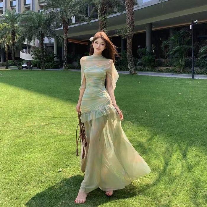 French green mesh suspender dress women s summer seaside vacation temperament waist slim fit high waist hip wrap dress S