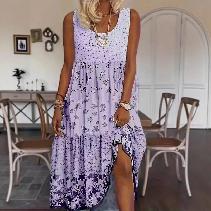 Summer New Women's Dress O-neck Flower Print Elastic Comfortable Simple Vacation Beach Sundress Midi Skirt