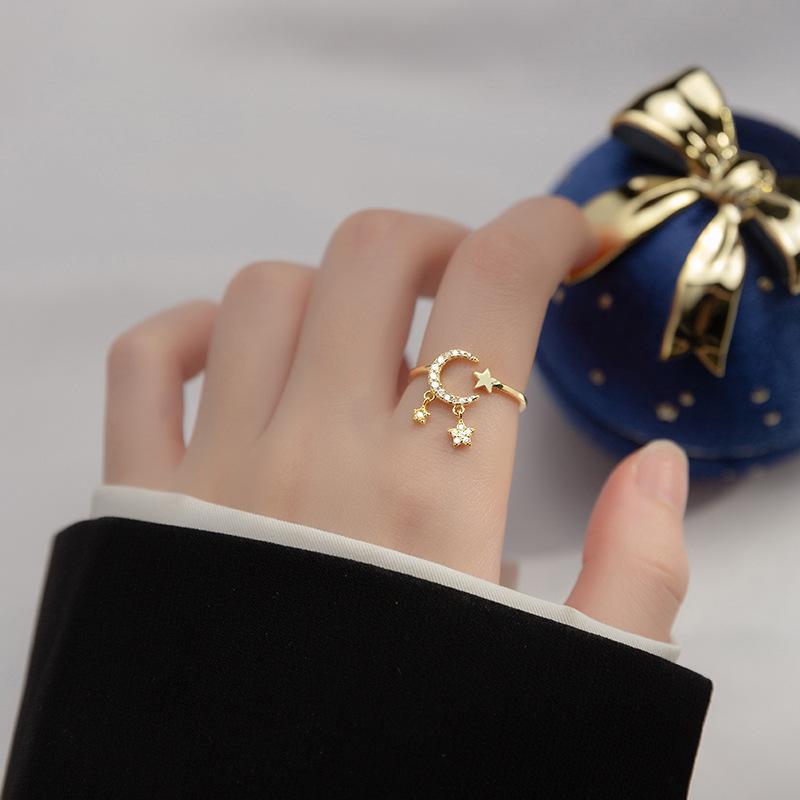 

Sweet Minimalist 925 Silver Star Moon Ring with Diamond Flowers Simple Light Luxury Jewelry for Women adjustable opening золотой