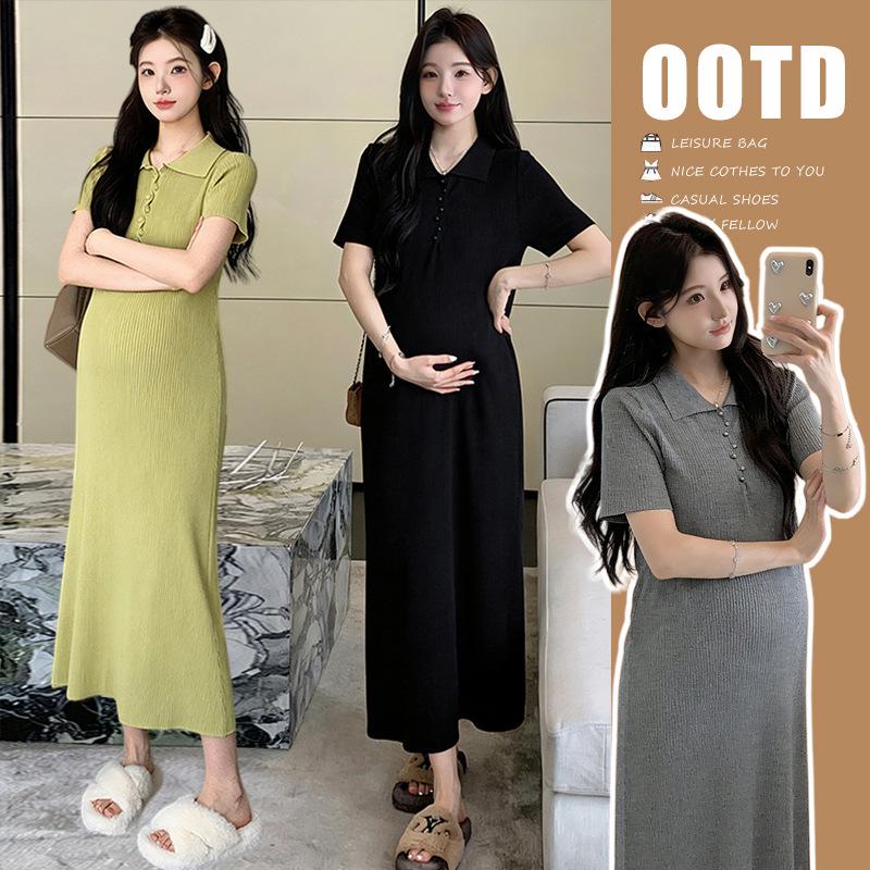 Korean Style Maternity Knit Dress - Plus Size Polo Collar, Loose Fit (2026 Collection)