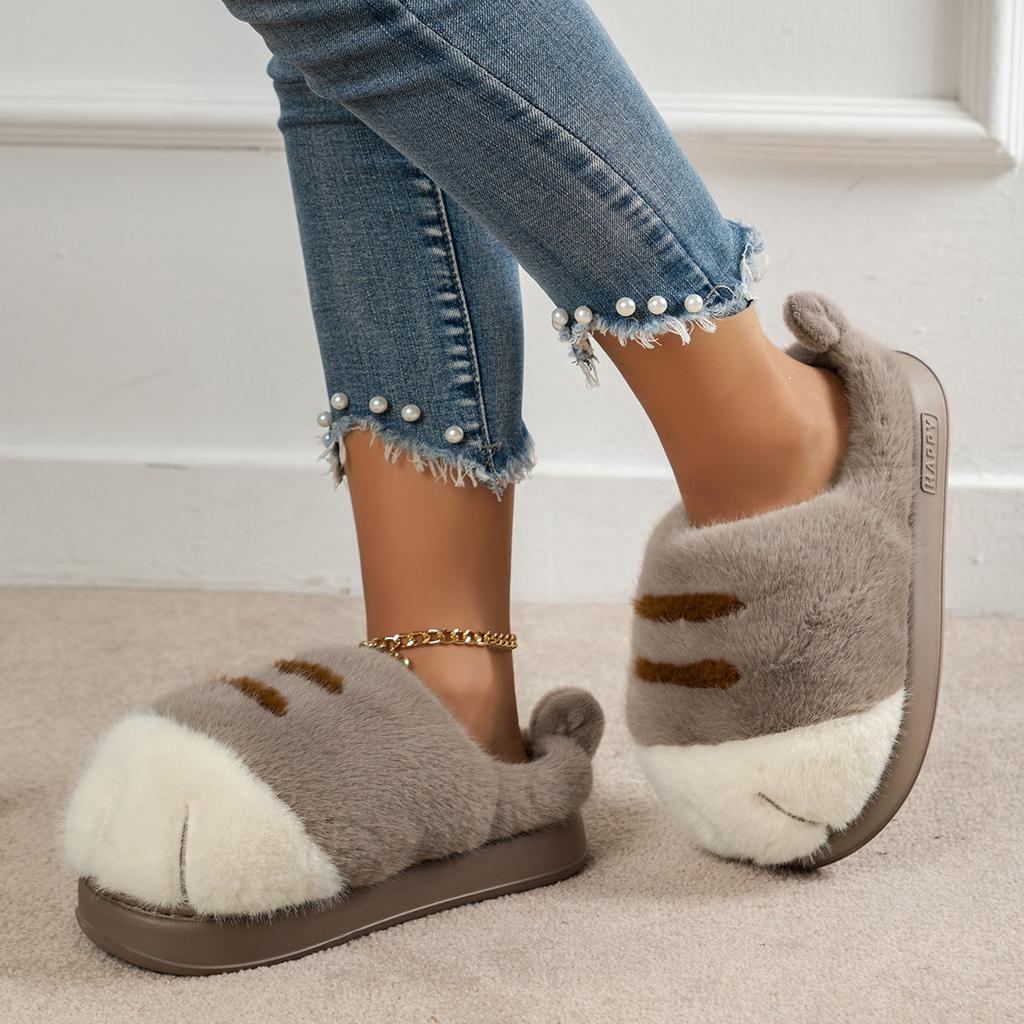 Fashion New Furry Kitty Cat Paw Slippers Woman Warm Winter Home Mules Slides Ladies Fuzzy Slippers Funny Fluffy Animal Claw Indoor Shoes