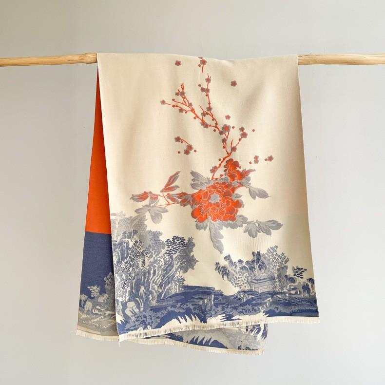 400g Retro Ethnic Bluebird Scarf: Women's Winter Warm Neck Warmer, High-End Imitation Cashmere Shawl.