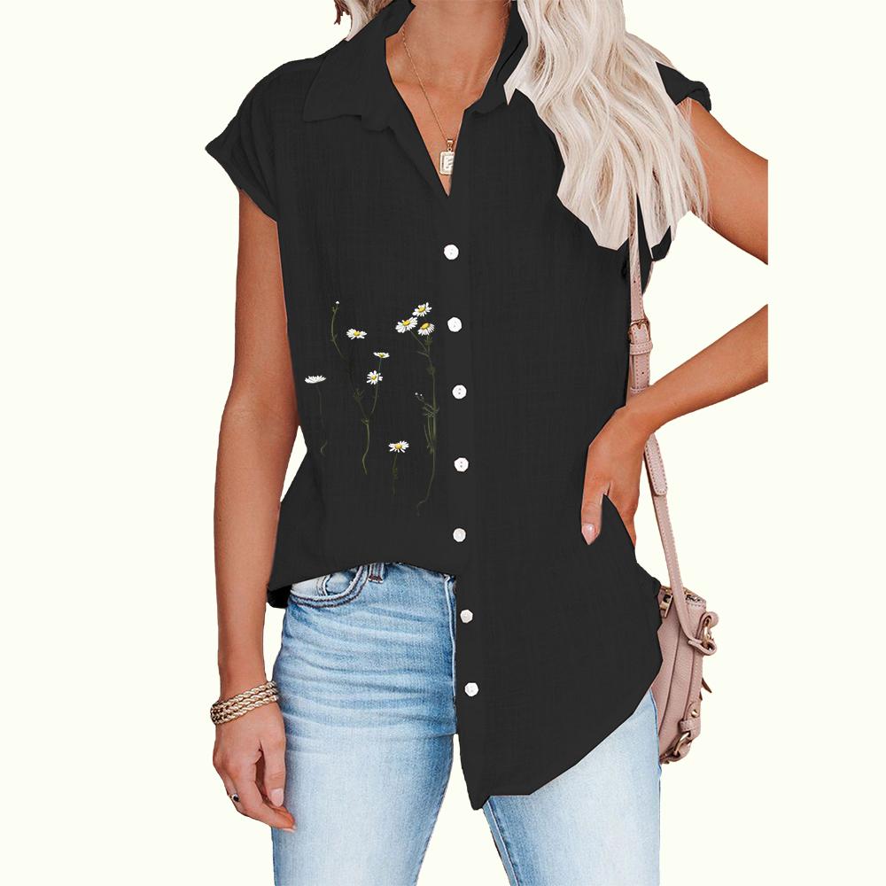 Women Fashion Sleeveless Thin Blouse Casual Floral Print Top Ladies Button-down Shirt