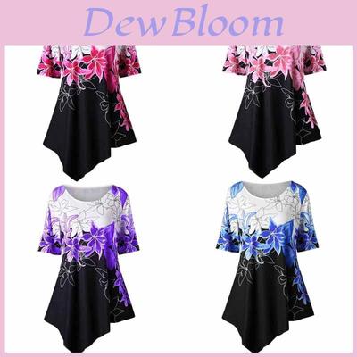 Fashionable Women Ladies Asymmetric Hem Floral Print T-shirt Tunic Tops For All Sizes