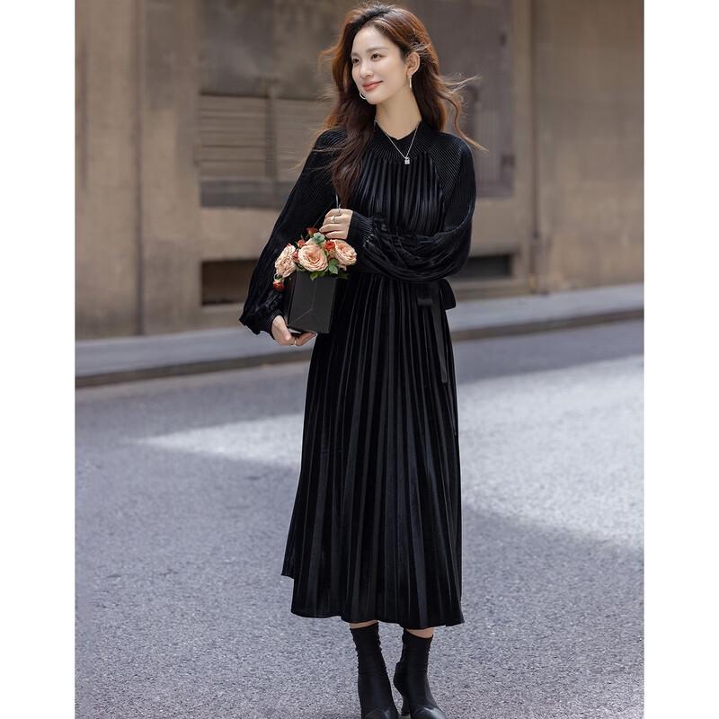 Demana Women's Winter Velvet Pleated A-Line Dress