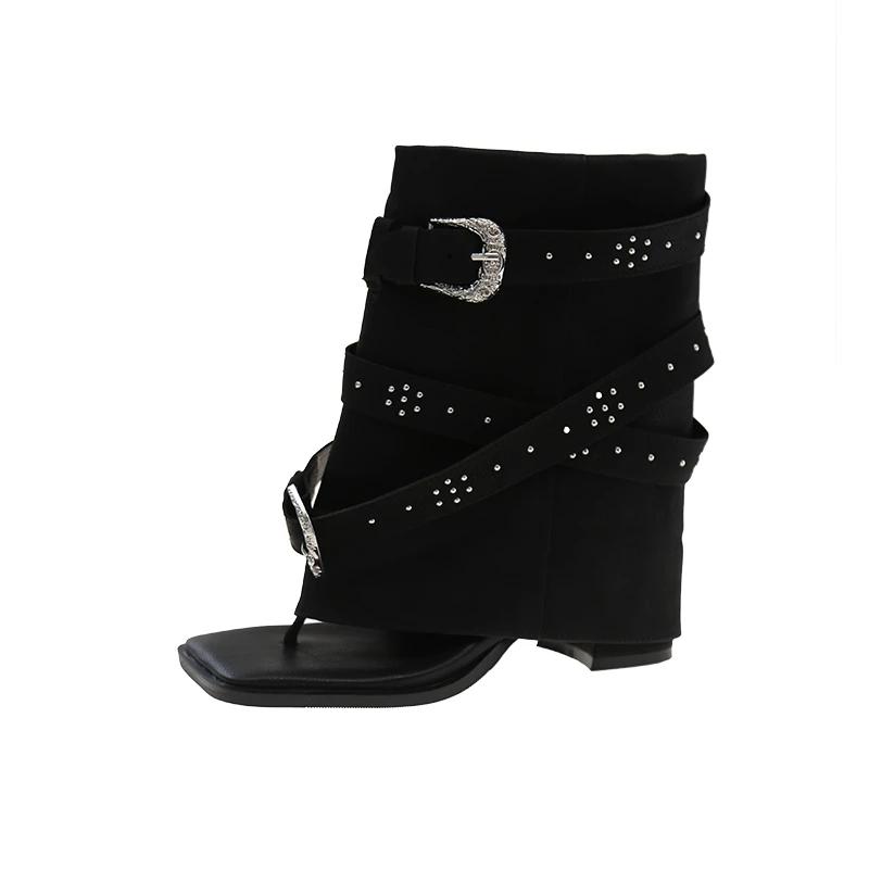 Women's clip toe cool boots 2025 fashion rivets metal buckle open toe mid-calf boots casual high heel square head boots sandals