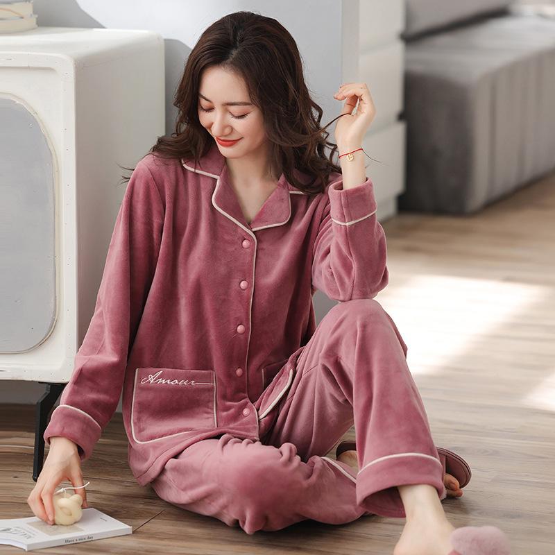Island Fleece Pajamas Women'S Winter Thickened Fleece Winter Flannel Coral Fleece Loungewear Thin Fleece Autumn And Winter Suit