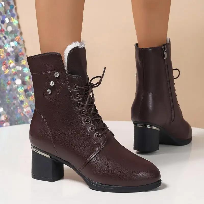 Fashion Winter 2025 Women High Heels Long Plush Warm Ankle Boots Plus Size 42 Thick Square Heeled Motorcycle Boots Comfort Female Shoes