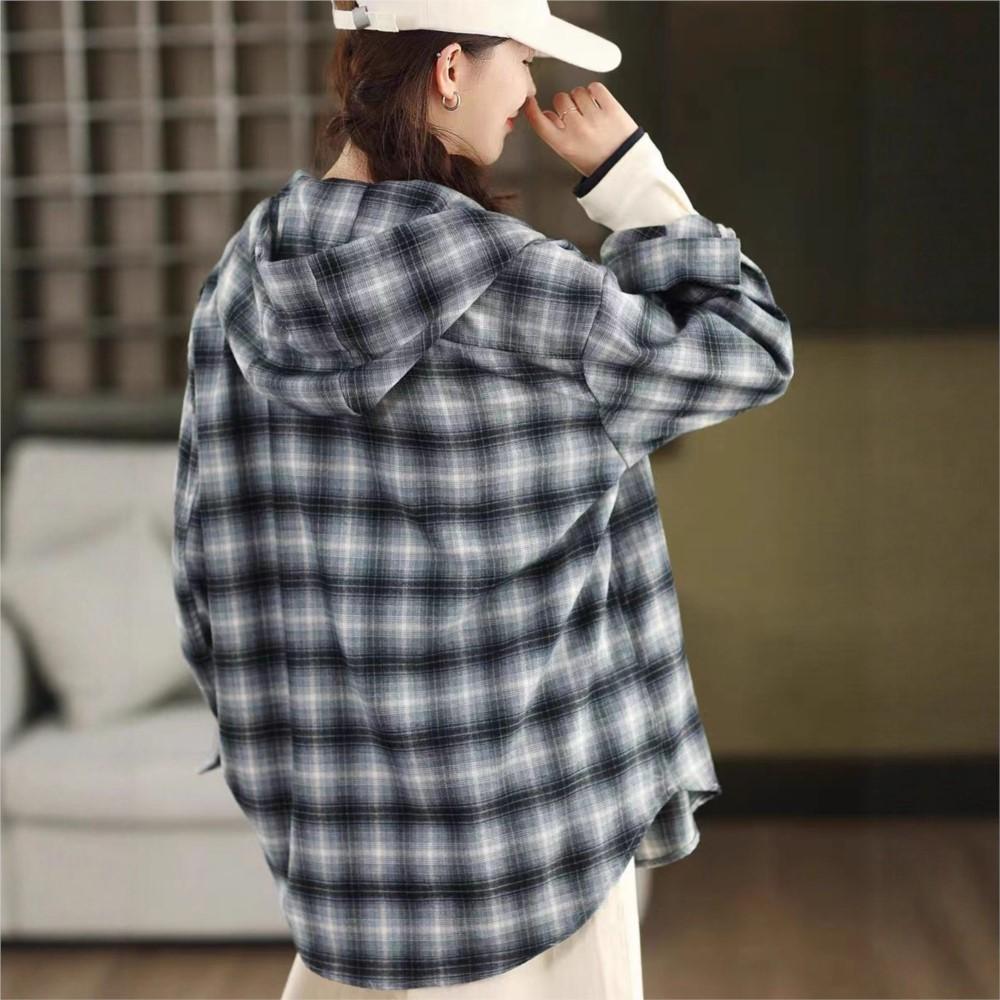 Johnature Women Vintage Plaid Shirts Hooded Autumn Blouses Button Long Sleeve Loose Cotton Soft Female Casual Shirts