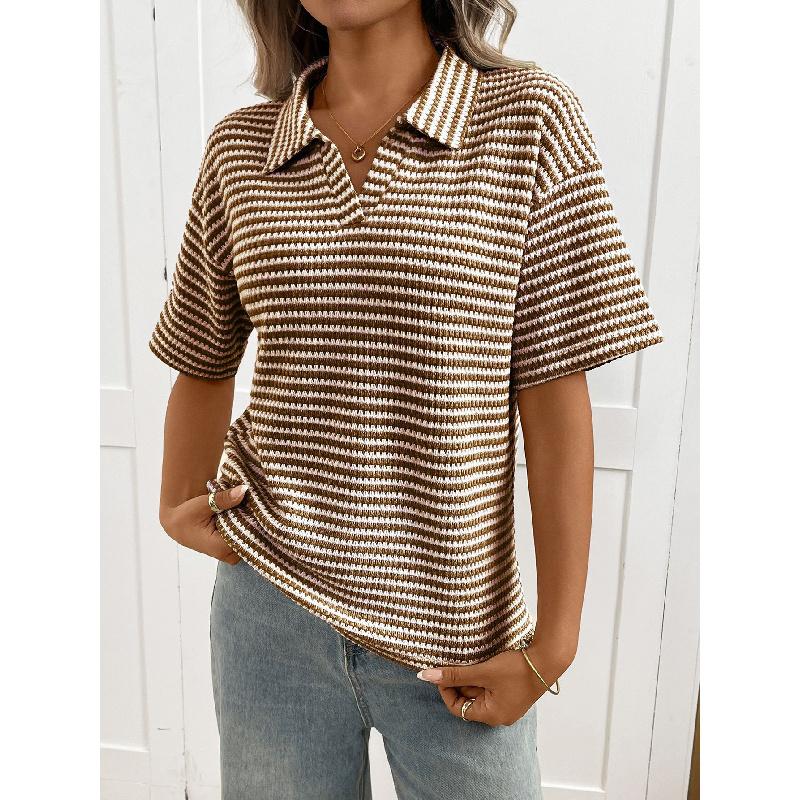 2026 Women's Turn-down Collar Solid Color Knitted Pullover Loose Short Sleeve Casual T-shirt