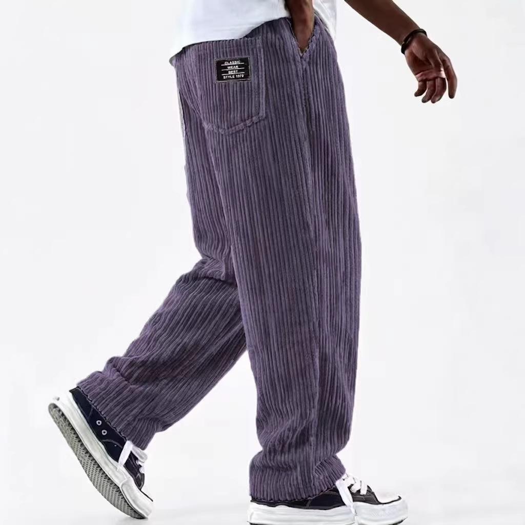 European & American Men's Wide Corduroy Logo Pocket Casual Loose Straight-Leg Pants 2026