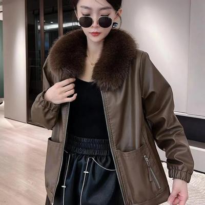 Winter Warmth Plus Velvet Thick Leather Jacket Women's Fashion Western Style Detachable Fur Collar Leather Jacket Trend