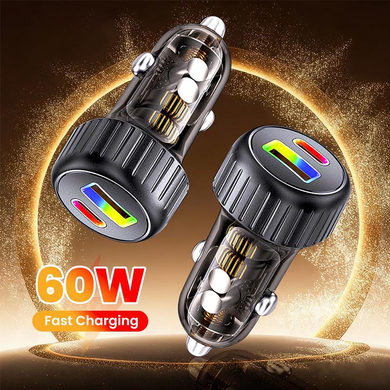 New Elough 60w Usb/type C Dual Port Car Charger Fast Charging 2 In 1 Car Cigarette Lighter Conversion Plug Car Charger