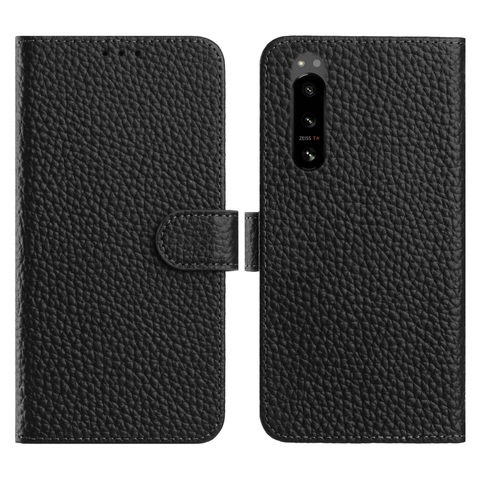 

For Sony Xperia 5 IV 5G Case Wallet Stand Litchi Texture Genuine Cow Leather Flip Phone Cover Black