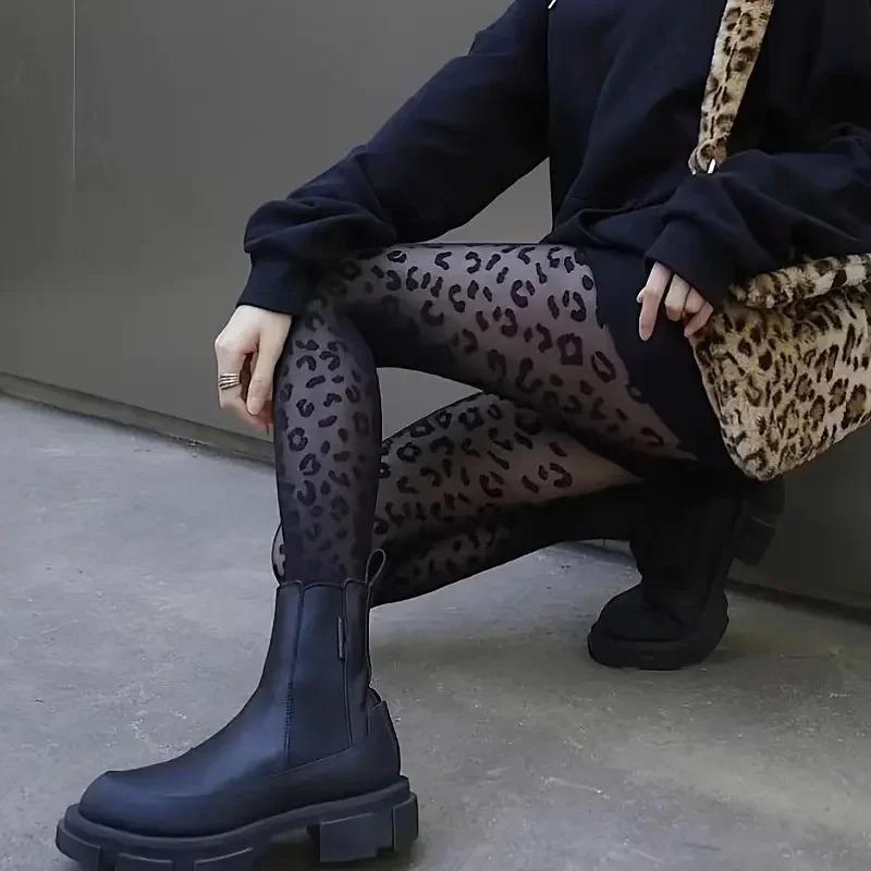 Vintage Gothic Black Sexy Leopard Sheer Tights Seamless Stockings Women Sexy Thin Transparent Silky Pantyhose