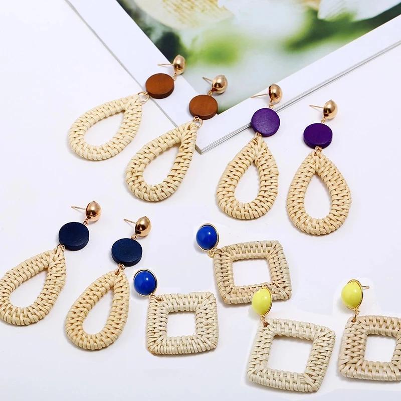 Rattan Earrings 2021 Trend Lightweight Geometric Statement Woven Bohemian Earring Handmade Straw Wicker Braid Hoop Drop Dangle