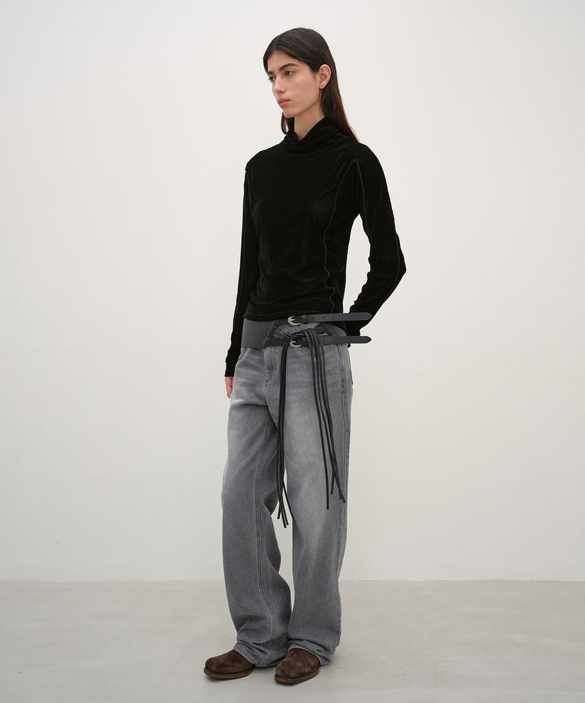 INSILENCE WOMEN Velvet Mesh Turtleneck T-Shirt Black