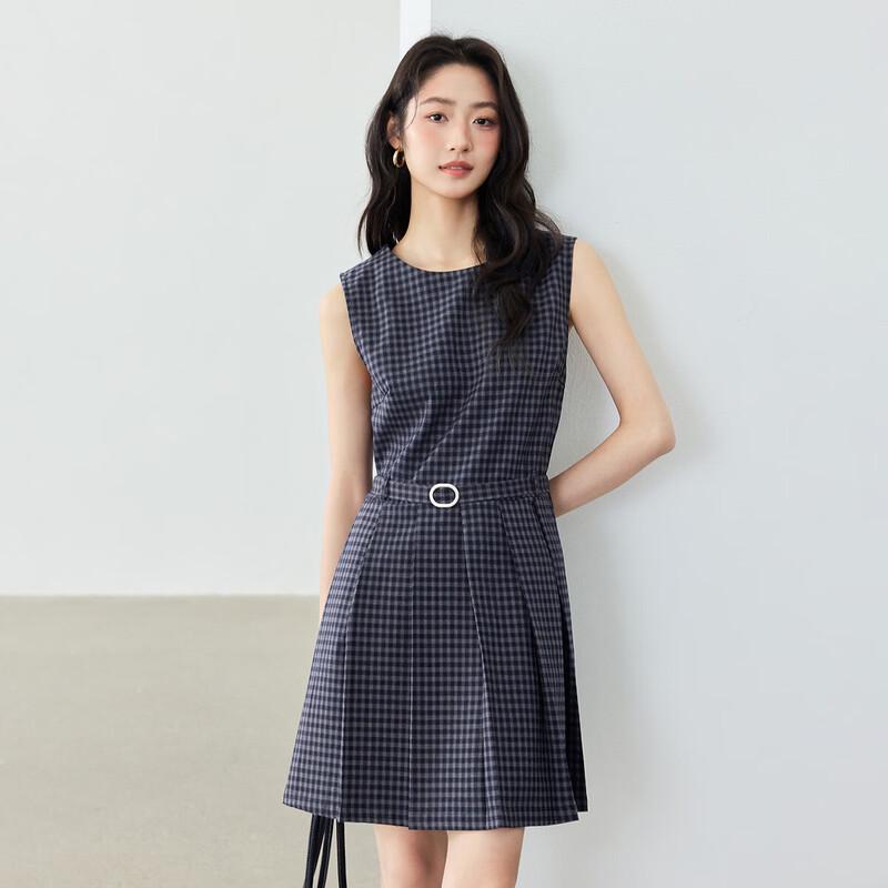 INMAN Women s French Style Pleated Plaid A-Line Vest Dress M