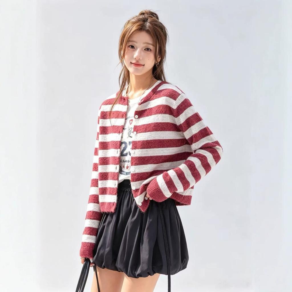 Striped sweater cardigan women's autumn 2026 new thin casual short long-sleeved knitted top jacket