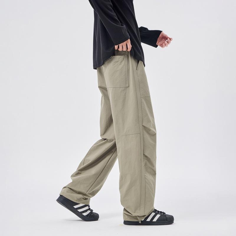 American fashion trendy brand elastic waist paratrooper pants boys solid color versatile loose wide leg drape casual straight-leg pants