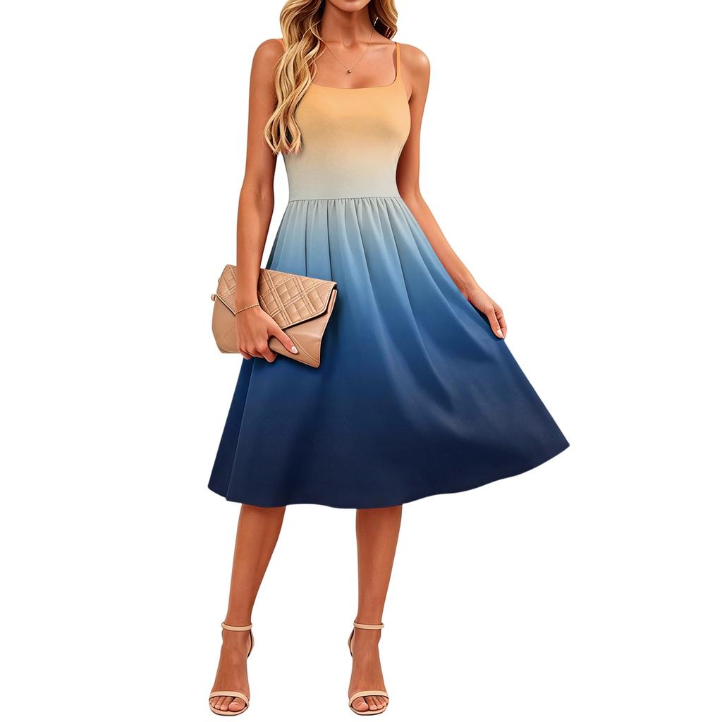 Women Sleeveless Dress Adjustable Straps Casual Midi Dress with Pockets Gradient Print Summer Dress for Everyday Wear