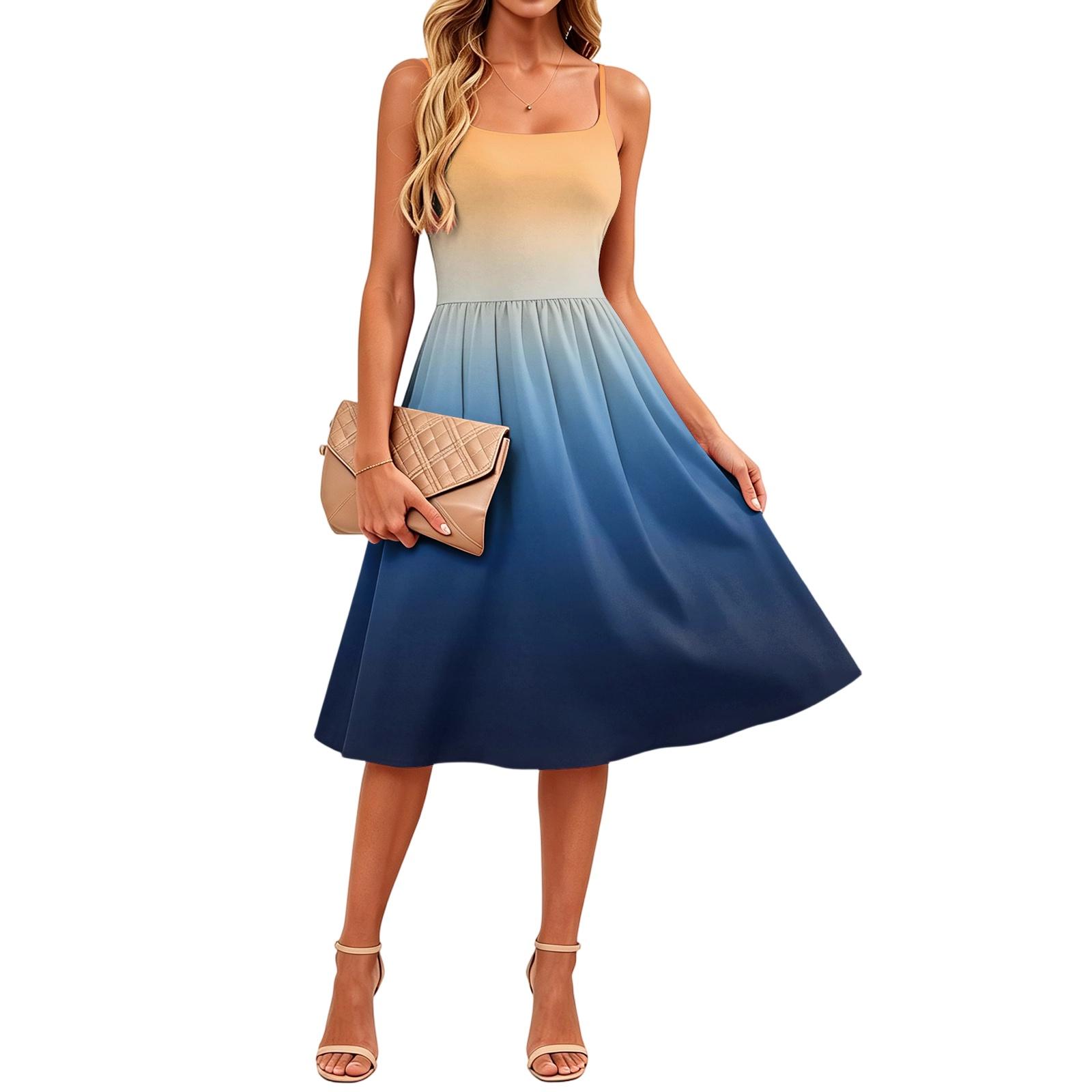 Ärmelloses Midi-Kleid mit verstellbarem Träger, Farbverlauf-Print und Taschen für Damen, Lässiger lockerer Schnitt, Sommerkleid XXL blau