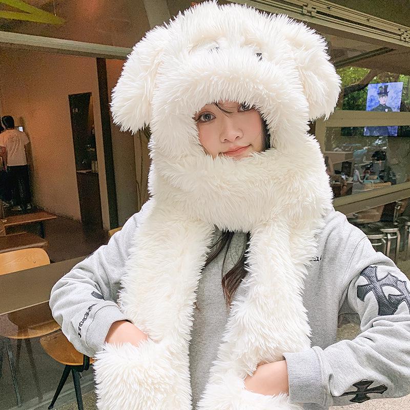 Cartoon Welpen Plüschmütze mit Schal und Handschuhen Set - Langohr-Design