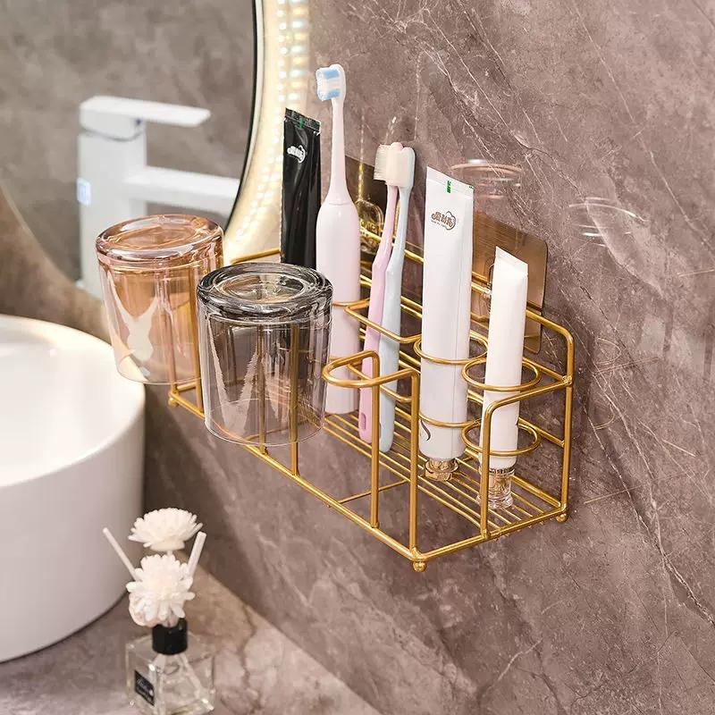 Accessible Luxury Electric Toothbrush Rack Punch-Free Toilet Bathroom Wall Hanging Toothbrush and Cup Toothpaste Storage Rack