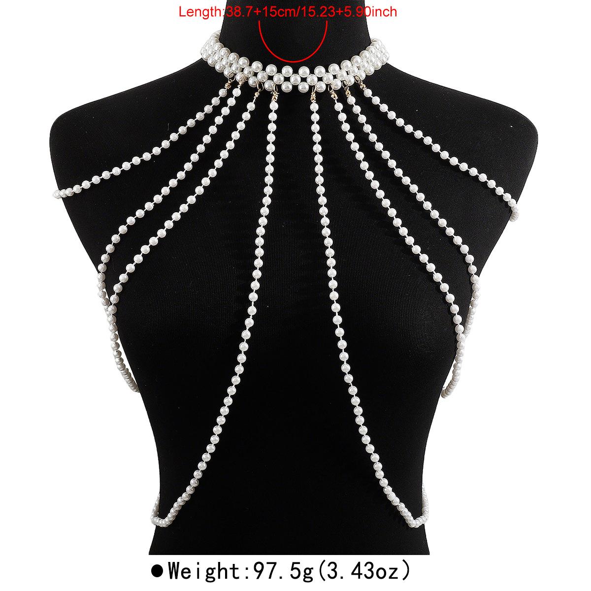 

Elegant Multi Layer Faux Pearl Tassel Shoulder Chain Body Chest Chain Fashion Dress Matching Jewelry For Women білий