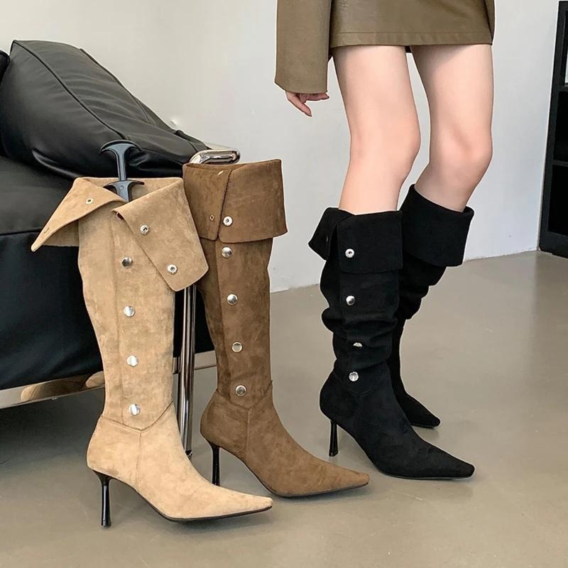 Fashion 2025 Pointed Toe Stiletto High Heel Over The Knee Boots Women's Fall Soft Leather Suede Stack Boots