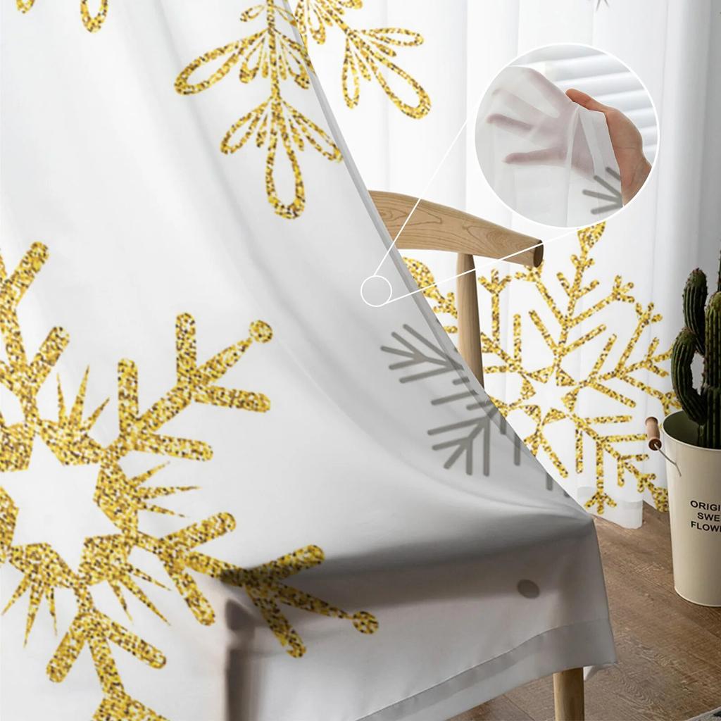 Christmas Golden Snowflake Texture Sheer Curtains For Living Room Bedroom Tulle Curtain For Kitchen Voile Curtain Blind Panels