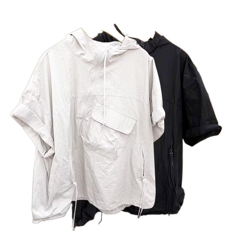Men's Korean Style Hooded Short-Sleeve T-Shirt with Zipper Design and Large Pocket