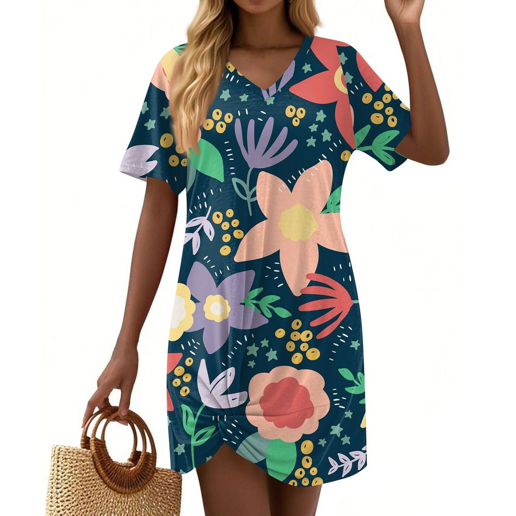 Women's Summer Casual Floral Printed Hem Knotted Short Sleeve Dresses