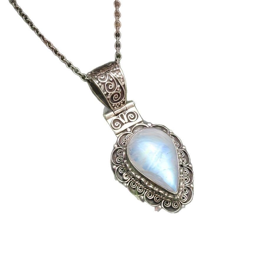 

Vintage Moonstone Teardrop Pendant Necklace Sterling Silver Chain Handmade Filigree Design Women s Jewelry Gift One Size серебряный