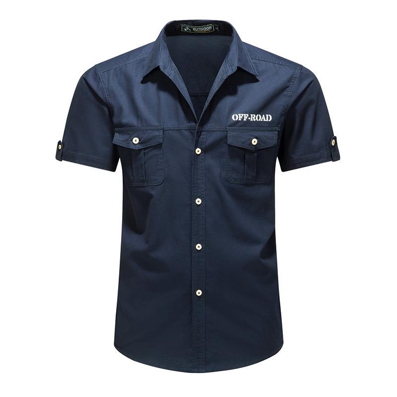 Casual Work Shirt Mens Solid Color Turn Down Collar Double Pocket Short Sleeve Casual Work Shirt
