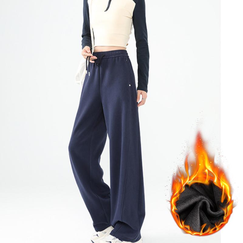 Gray Sweatpants for Women In Autumn and Winter Plus Velvet New Slim Drawstring Sweatpants Straight Wide-leg Casual Pants