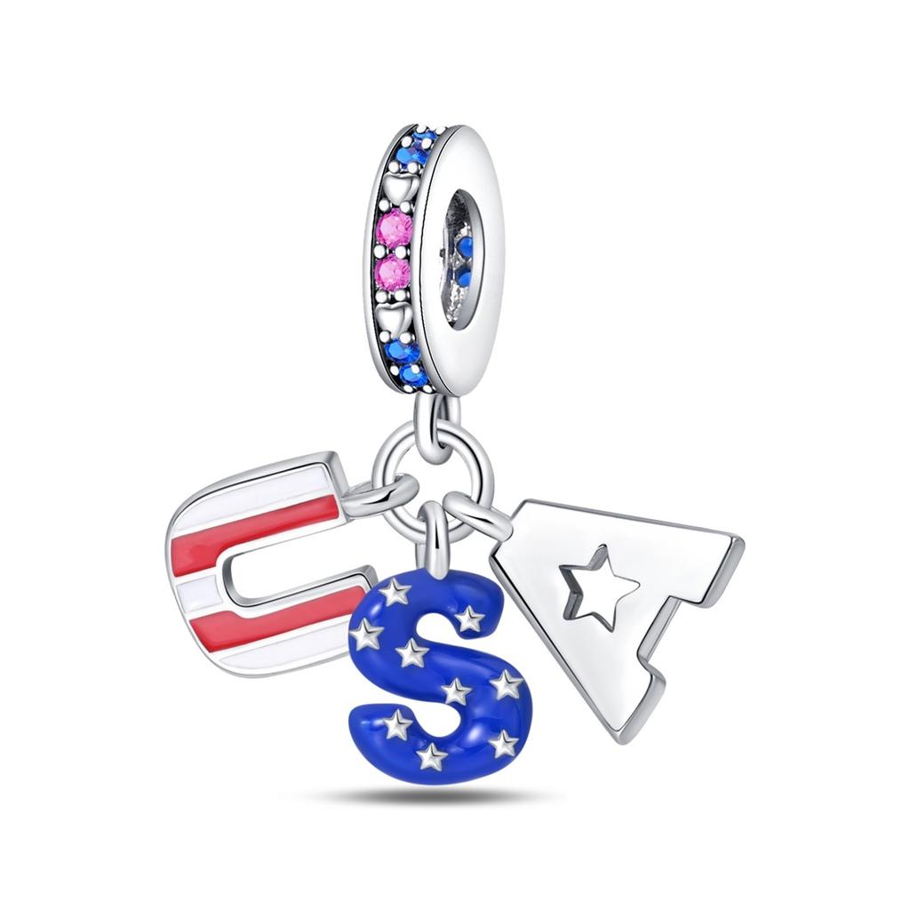 S925 Silver Plated Heart Shaped American Flag Western Cowboy Hat Charms Beads Fit Original Bracelet Fine DIY Birthday Jewelry