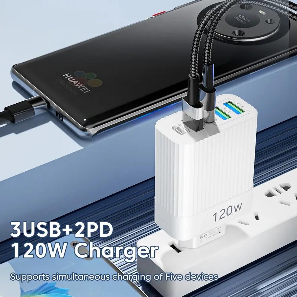 

120w Fast Charger 5 Ports PD Type C Quick Charge Wall Charger Adapter for iPhone pro Samsung Xiaomi Huawei USB-C Phone Charger Black US