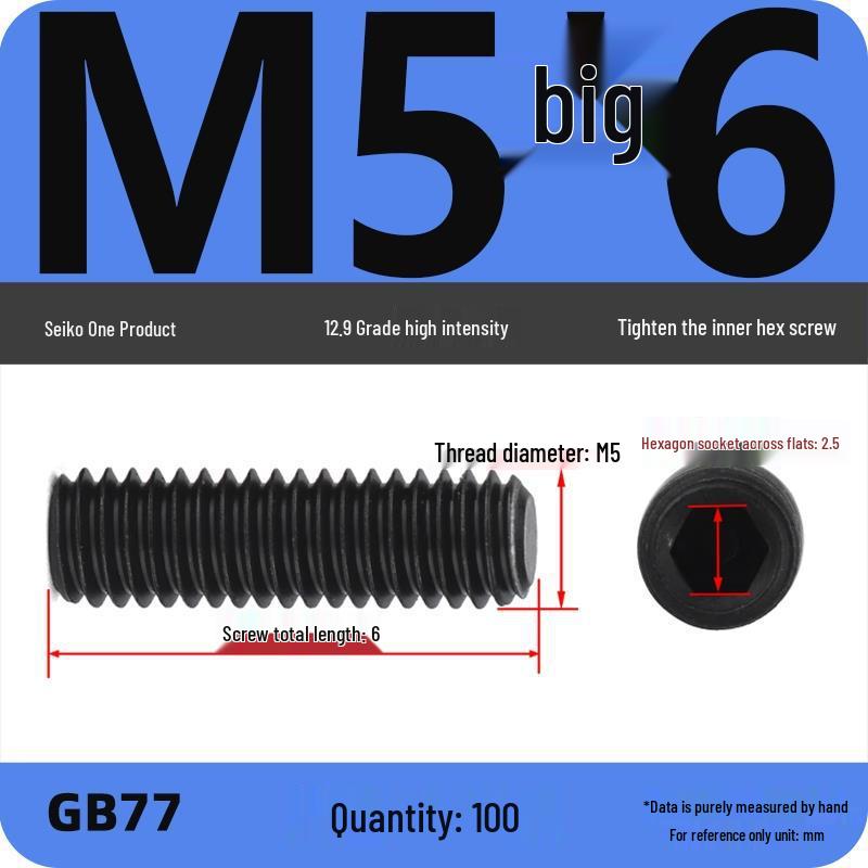 Class 12.9 Inner Hex Flat Head Headless Grub Screw M3-M12