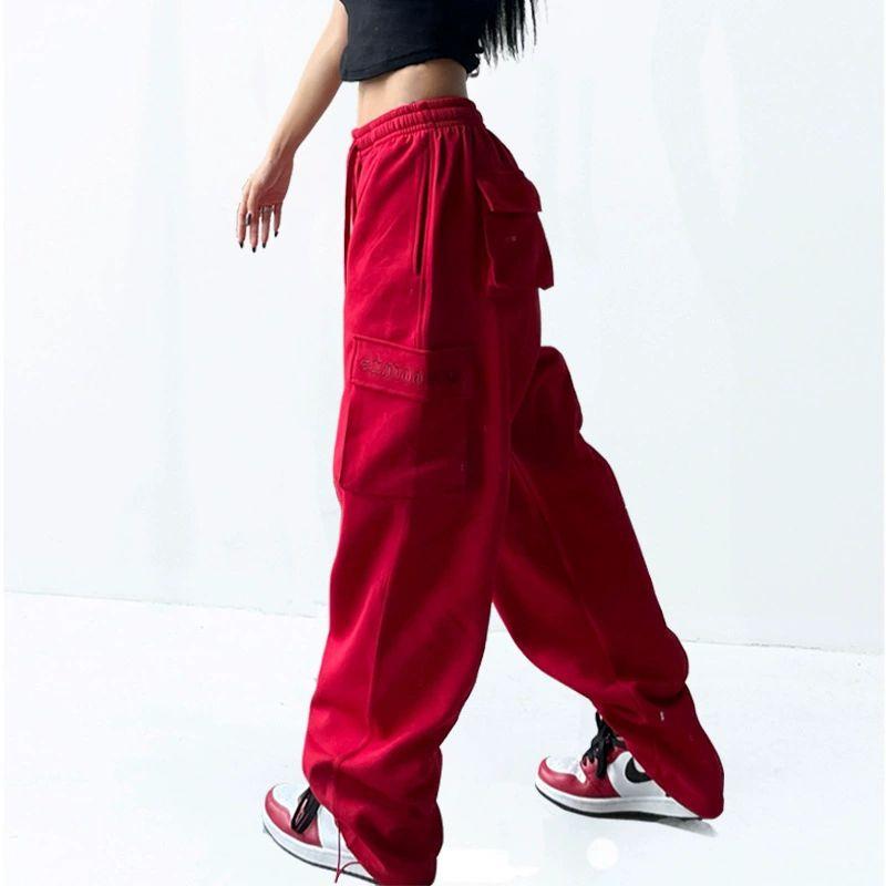 

American Retro Style Loose Pants Y2g Sports Parachute Pants Loose Street Hip Hop Casual Pink Cargo Pants Women Red M