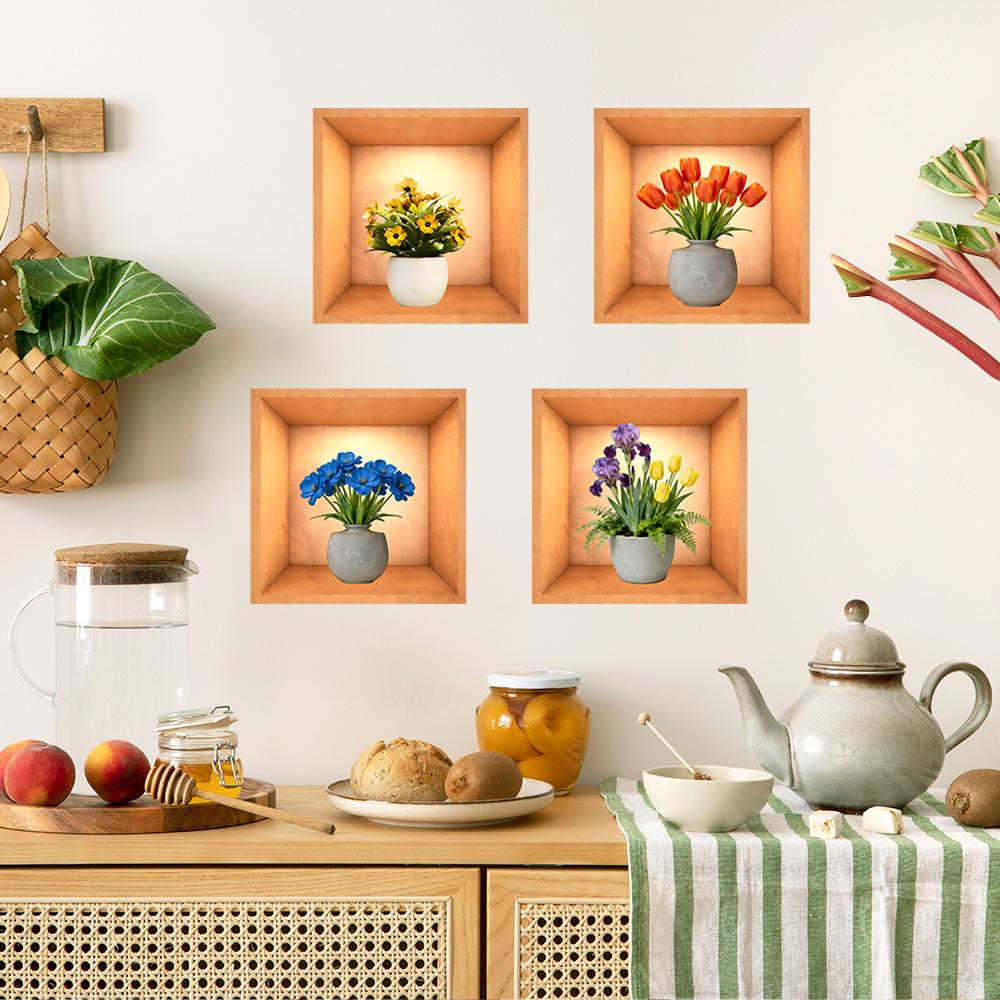 Simulated Bright Flower Vase Background Sticker for Living Room and Dining Room