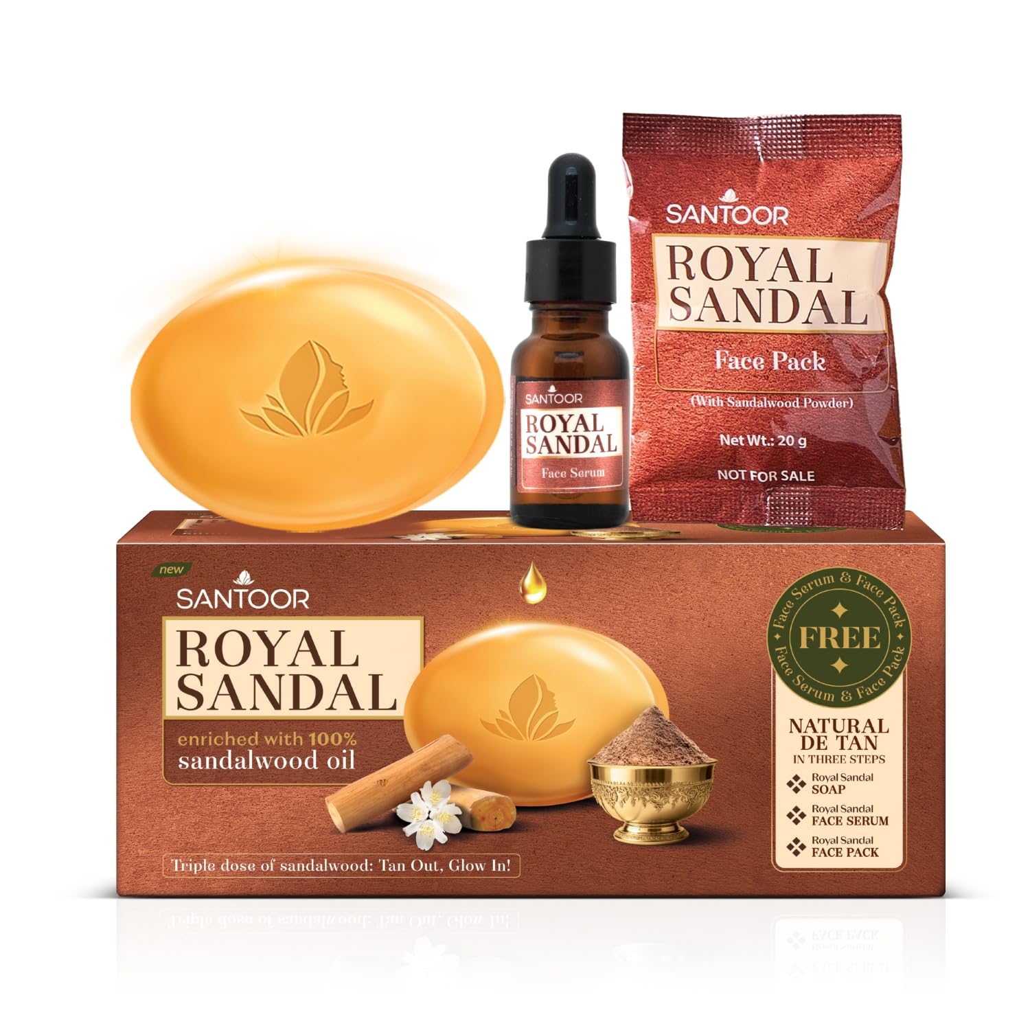 Мыло, Сыворотка и Маска для лица Santoor Royal Sandal | 100% Масло и Порошок Сандала | 3-этапный Натуральный Детан | Кожа без загара, Ровный тон и Сияние | 125 г